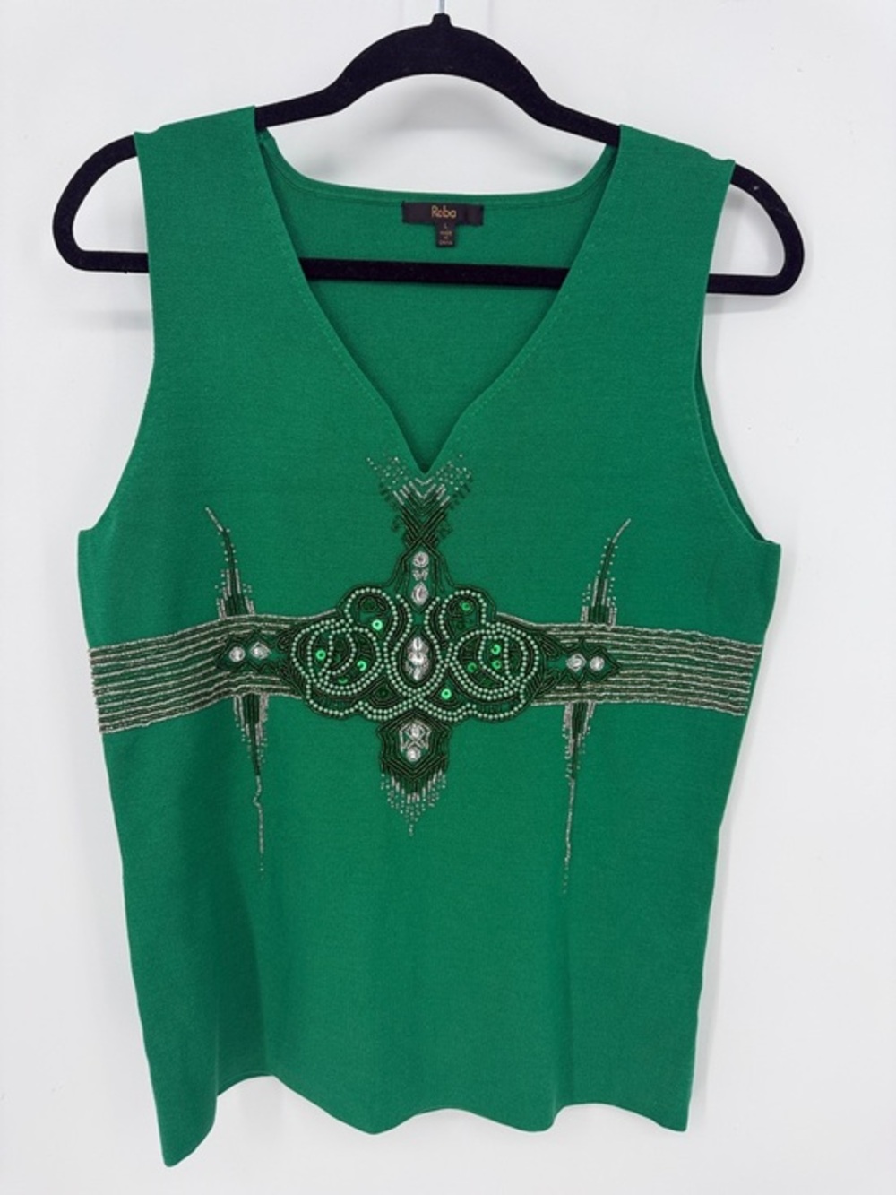 Reba Sleeveless Green Sweater With Rhinestones y2k Size Large NWOT